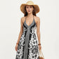 Halter Neck Maxi Dress with Open Back Tie Design Flowy Printed Long Dress
