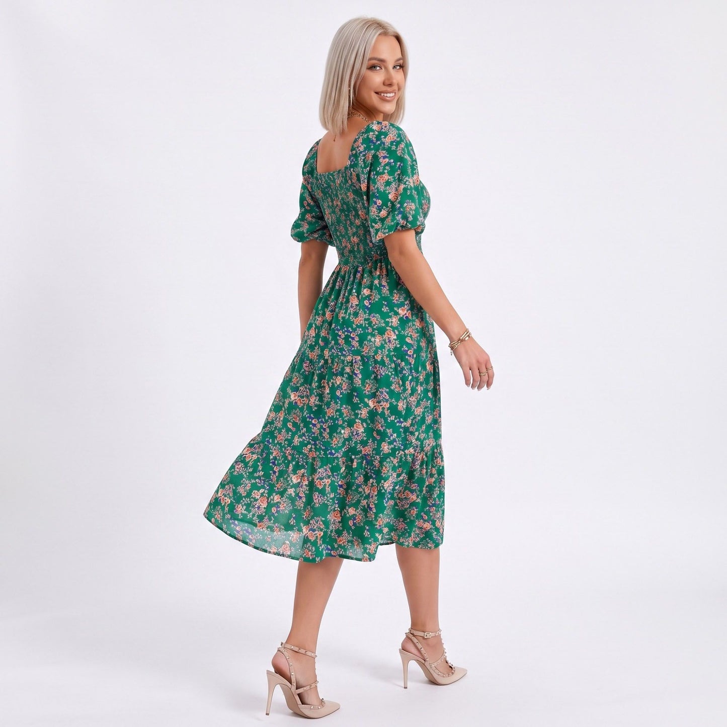 Floral Square Neck Smocked Bodice Tiered Midi Dress