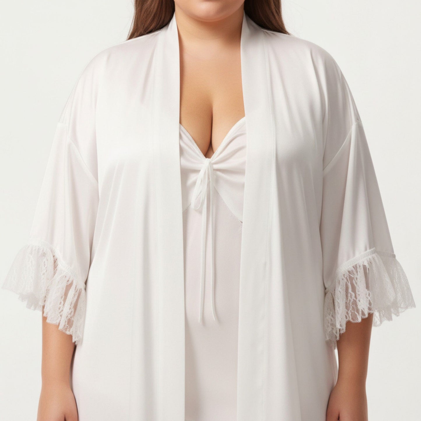 Plus Size Long Sheer Lace Panel Robe Open Front Lightweight Sleepwear