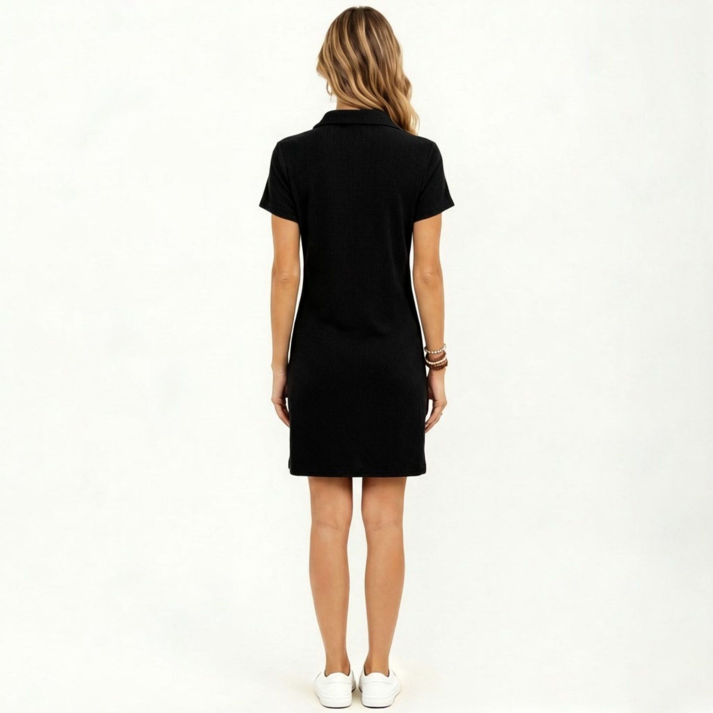 Short Sleeve Collared Mini Dress with Split V Neck Textured Knit Relaxed Fit Casual Dress