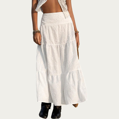 Embroidered Floral Tiered Maxi Skirt with Side Slit