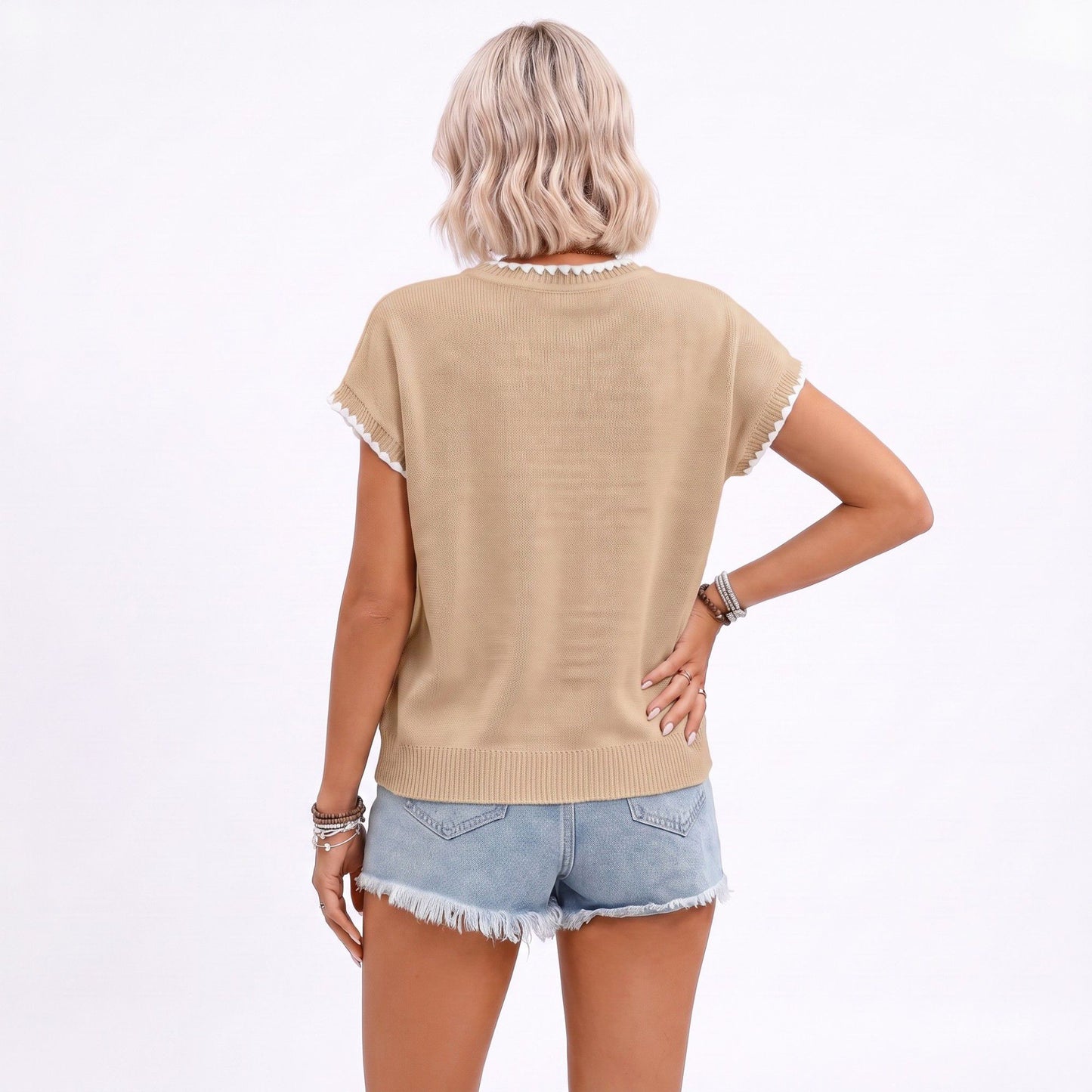 Short Sleeve Sweater Top Scallop Trim Crew Neck Knit Blouse