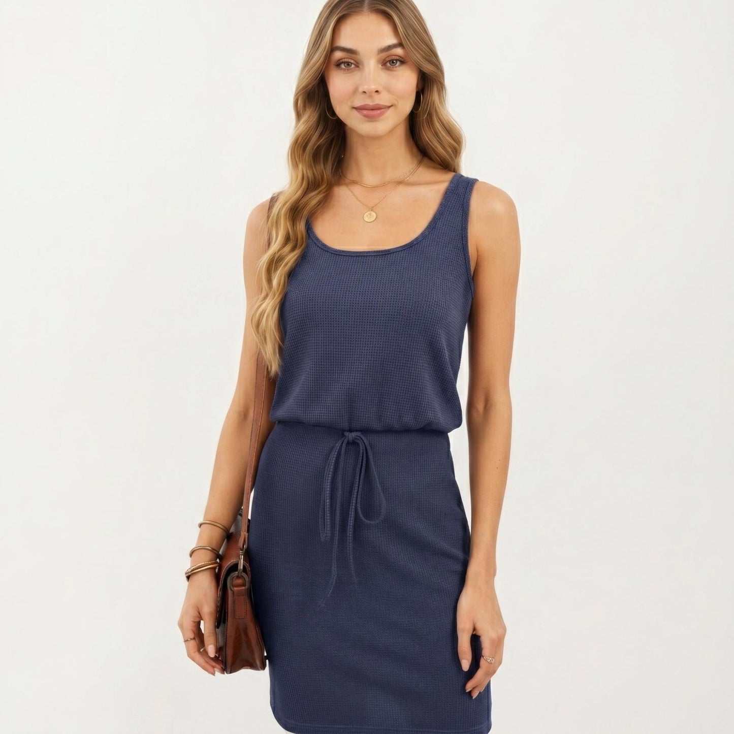 Sleeveless Tank Dress with Scoop Neck Adjustable Drawstring Waist Fitted Casual Mini Dress