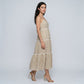 Striped Spaghetti Strap Button Front Midi Dress with Rickrack Trim Tiered Skirt and Flowy A Line Silhouette