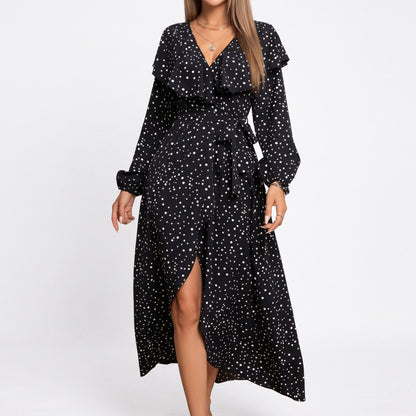 Polka Dot Maxi Dress Ruffle V Neck Long Sleeve Tie Waist Wrap Style Dress