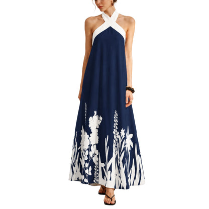Halter Neck Maxi Dress with Crisscross Straps Open Back Tie Waist Botanical Border Print and A Line Skirt