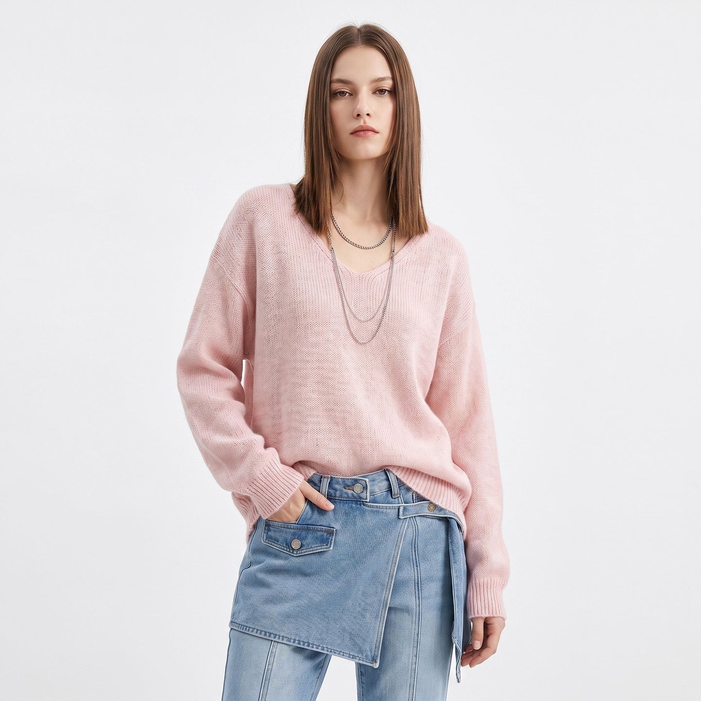 Oversized V Neck Longline Knit Pullover Sweater
