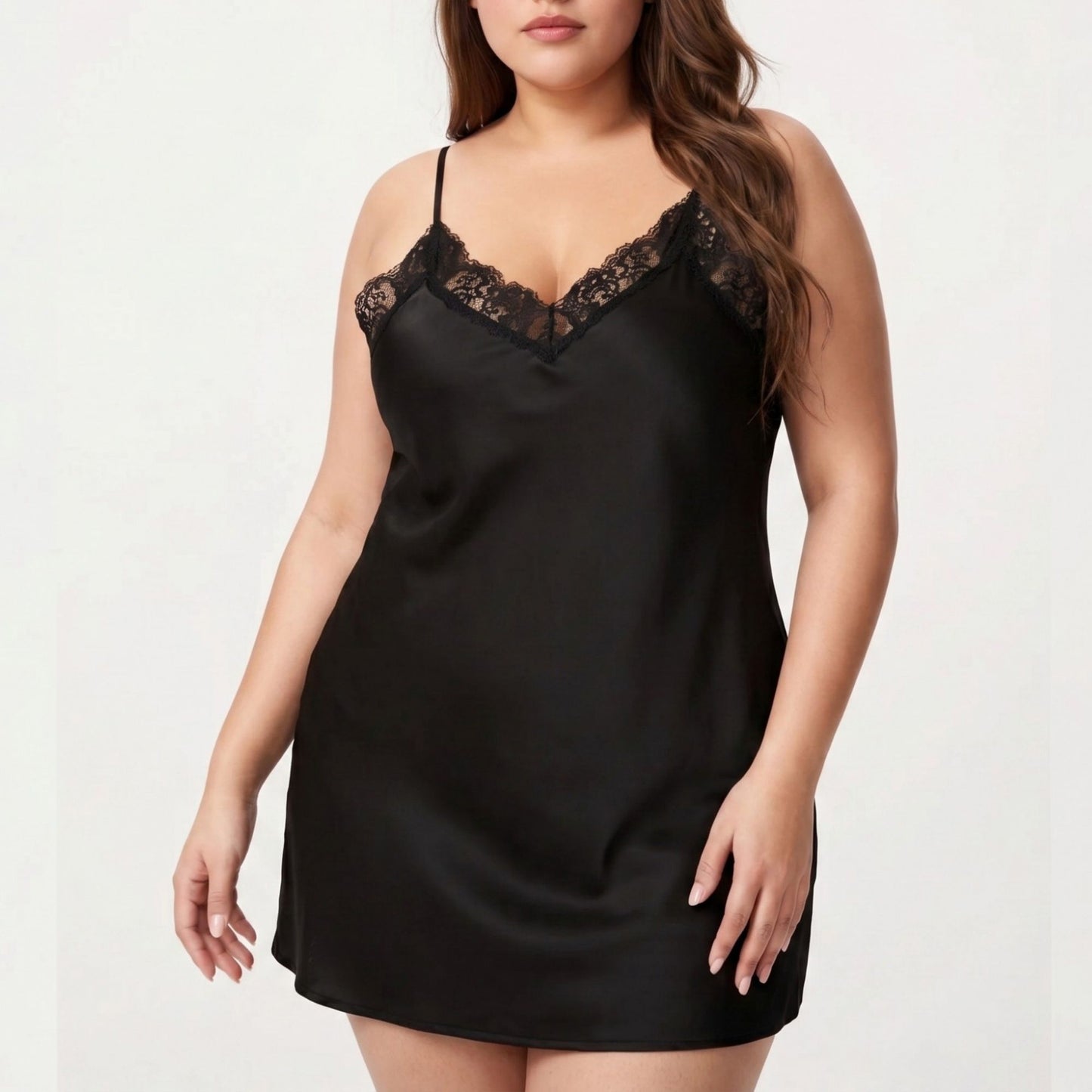 Plus Size Satin Chemise Lace Trim V Neck Sleep Dress Adjustable Strap Slip Nightgown