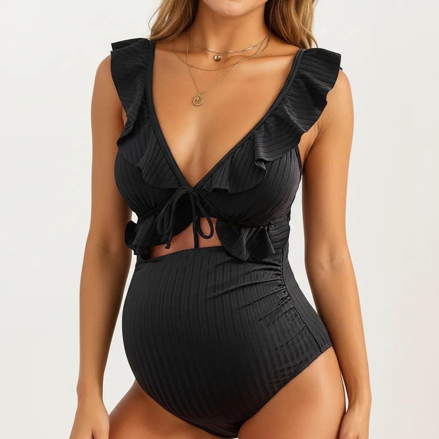 Maternity One-Piece Swimsuit with Ruffled Sleeves and Tie Front Detail