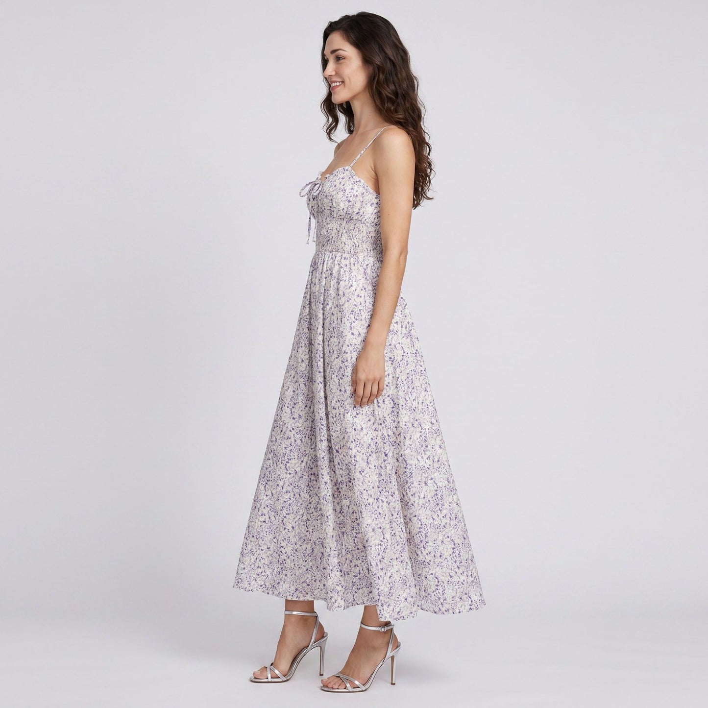 Floral Print Smocked Bodice Maxi Dress with Tie Front Sweetheart Neckline Slim Straps and Flowy Skirt