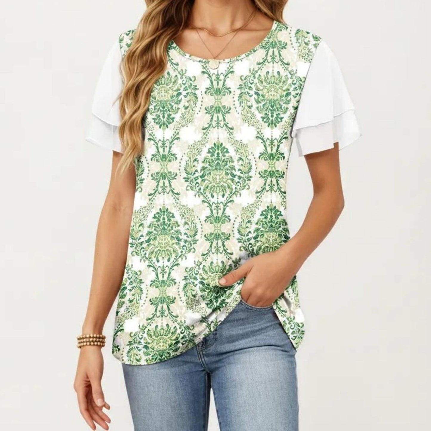 Short Sleeve Top with Leopard Print Mesh Sleeves Round Neck Relaxed Fit Casual Shirt