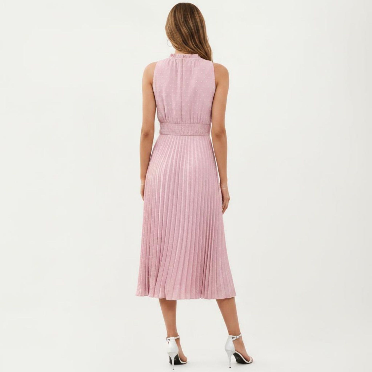 Sleeveless Midi Dress with Pleated Skirt and Tie Neck Detail