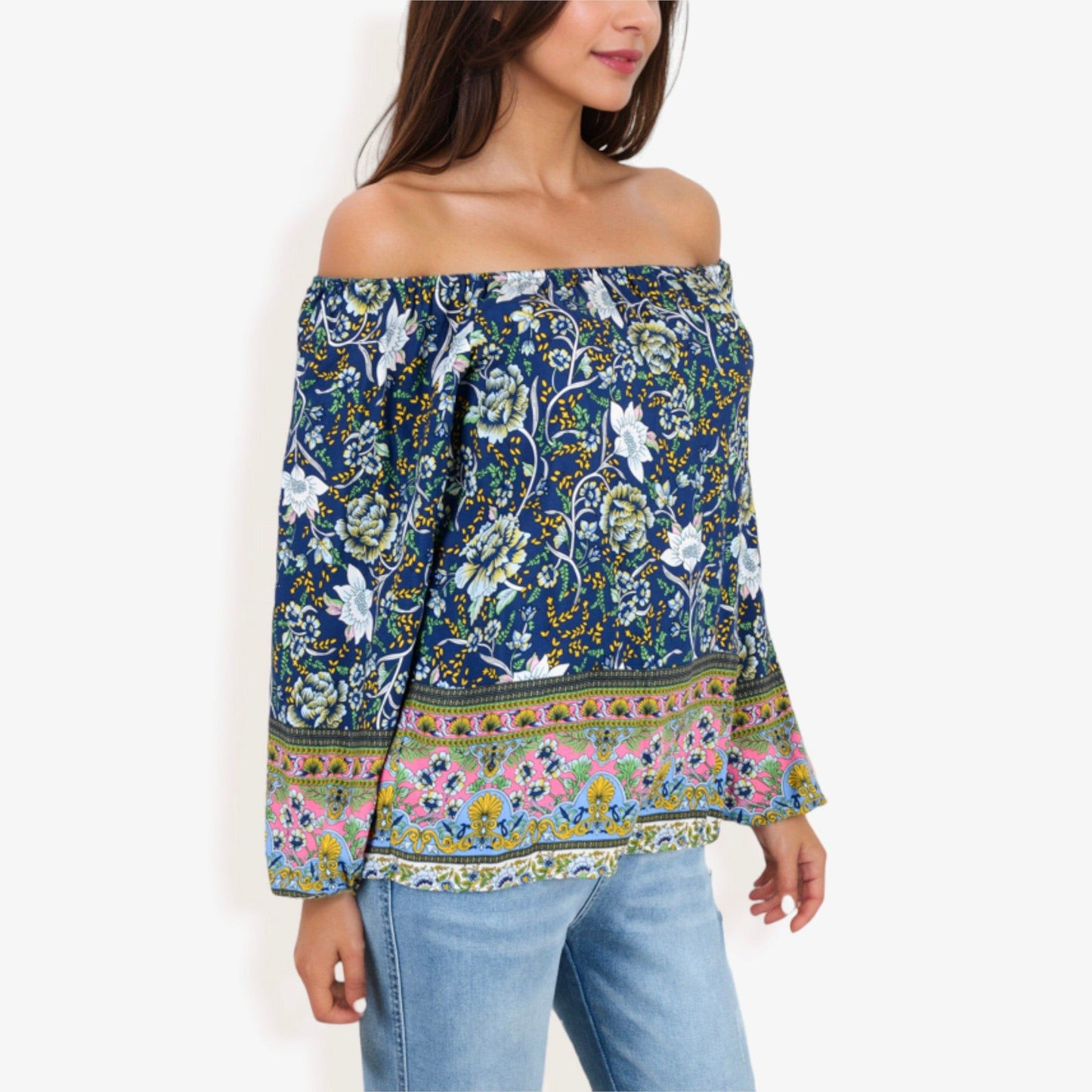 Off Shoulder Floral Print Long Sleeve Bohemian Blouse