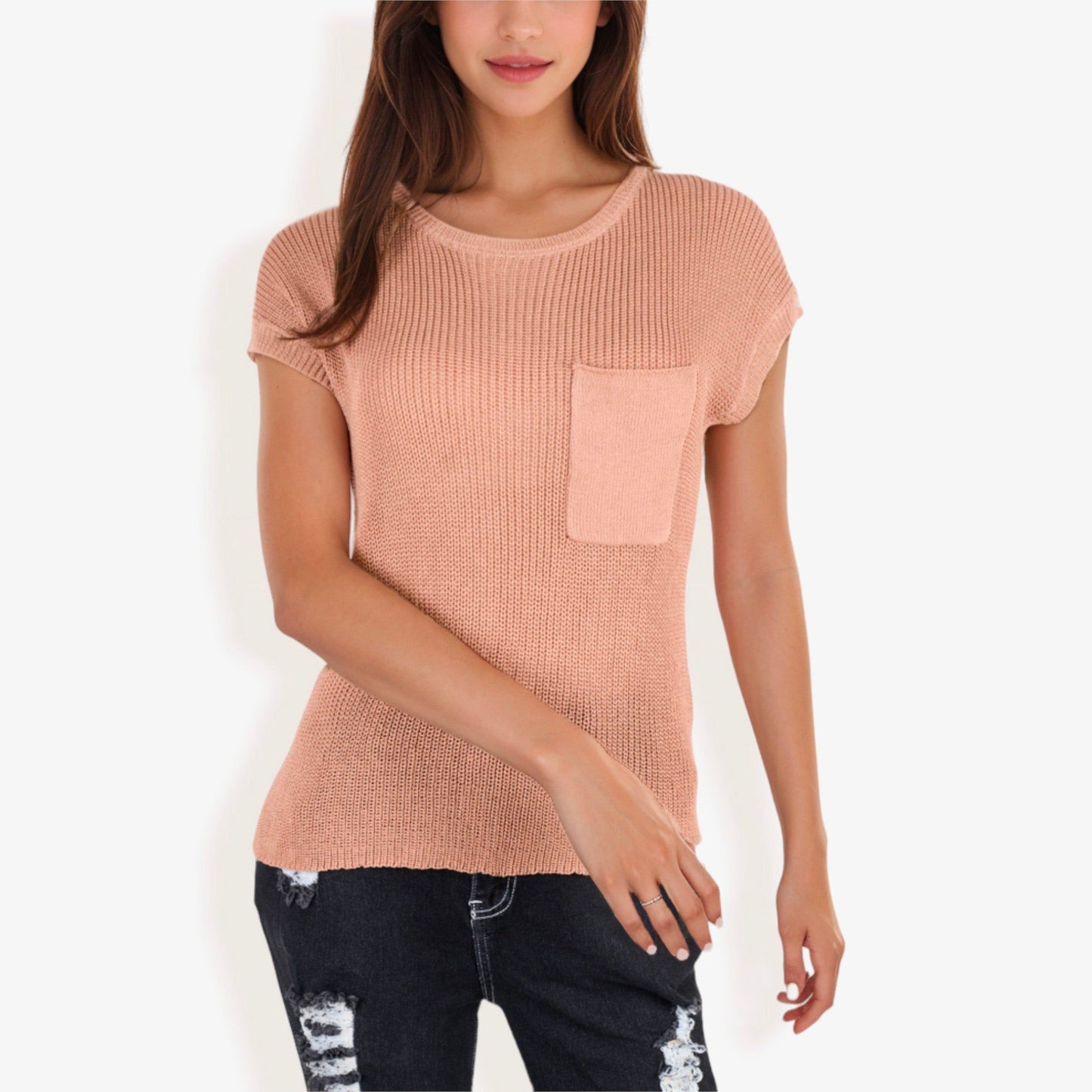 Sleeveless Knit Top with Ribbed Texture Front Patch Pocket