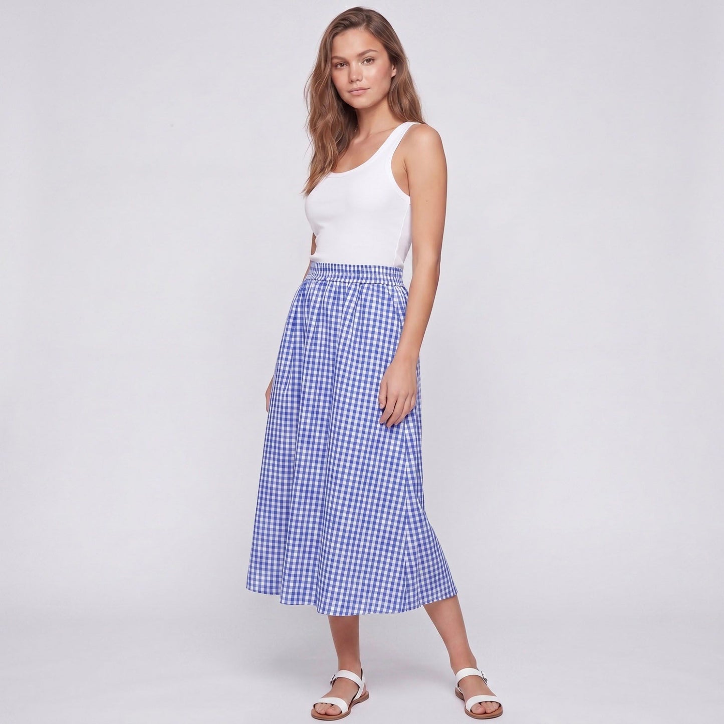 Gingham Midi Skirt with Smocked Waistband, Gathered A-Line Shape and Side Pockets