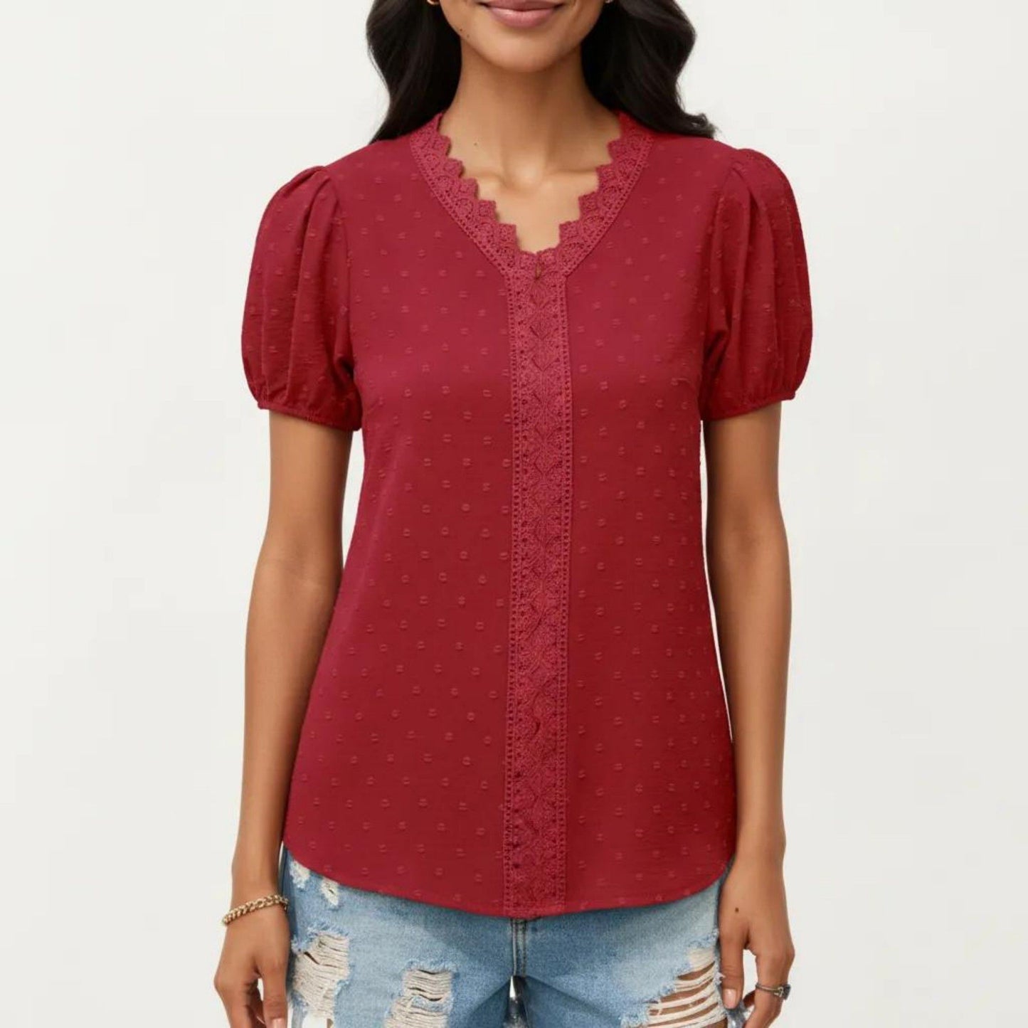 Short Sleeve Swiss Dot Top with Lace Trim V-Neck and Puff Sleeves