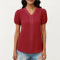 Short Sleeve Swiss Dot Top with Lace Trim V-Neck and Puff Sleeves