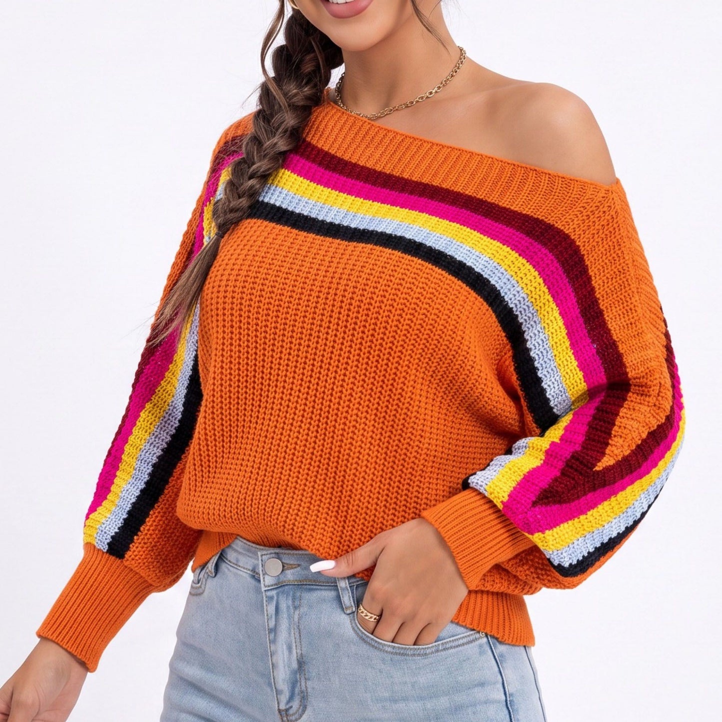 Rainbow Stripe One Shoulder Balloon Sleeve Knit Sweater