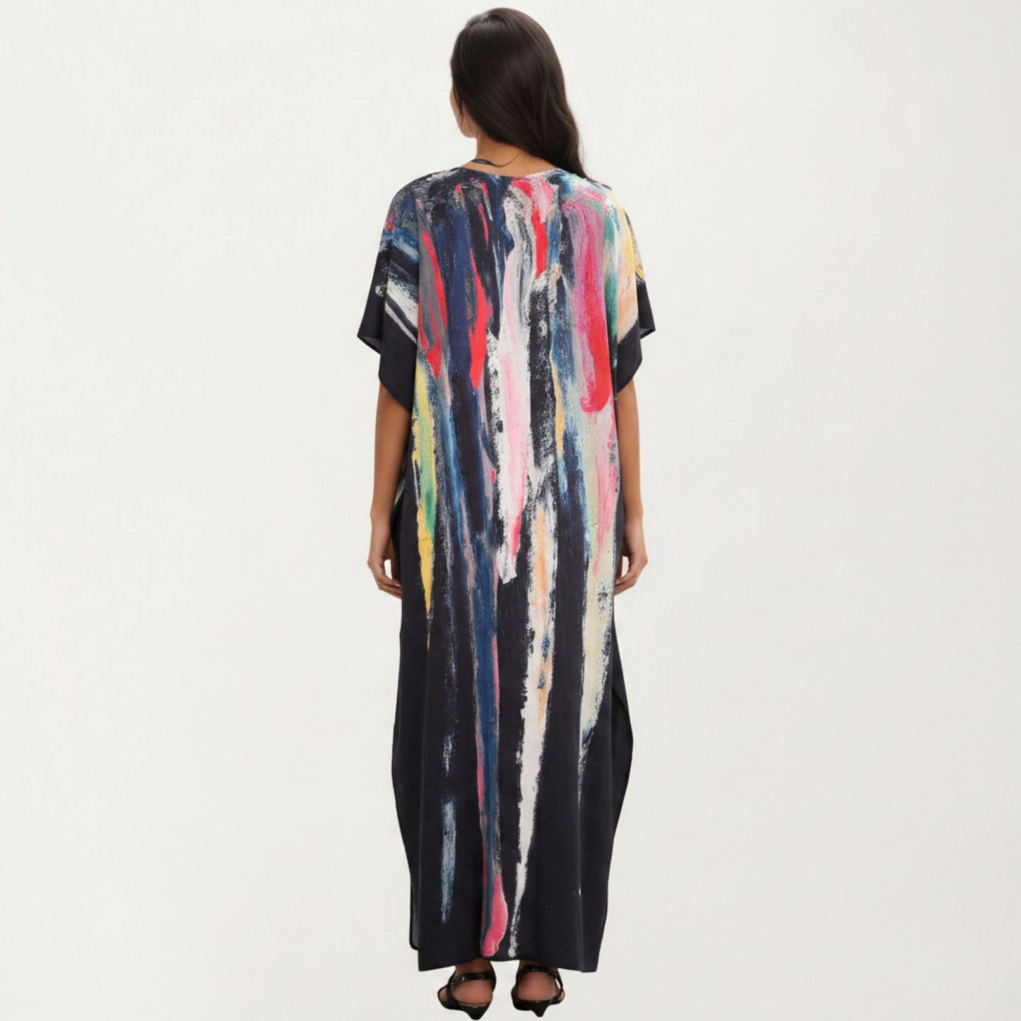 Abstract Print Maxi Caftan Dress with V-Neckline Short Sleeves and Relaxed Draped Silhouette