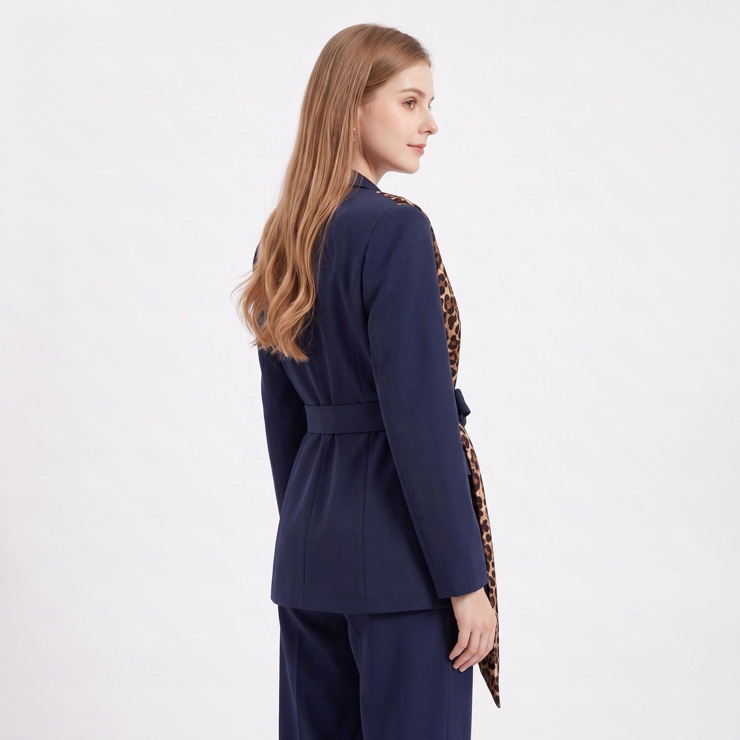 Long Sleeve Blazer and Pants Two Piece Set with Draped Scarf Detail