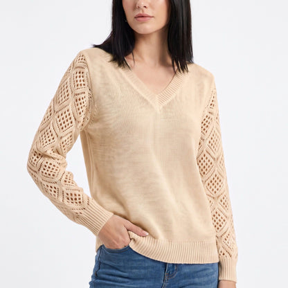 V-Neck Openwork Sleeve Long Sleeve Knit Sweater