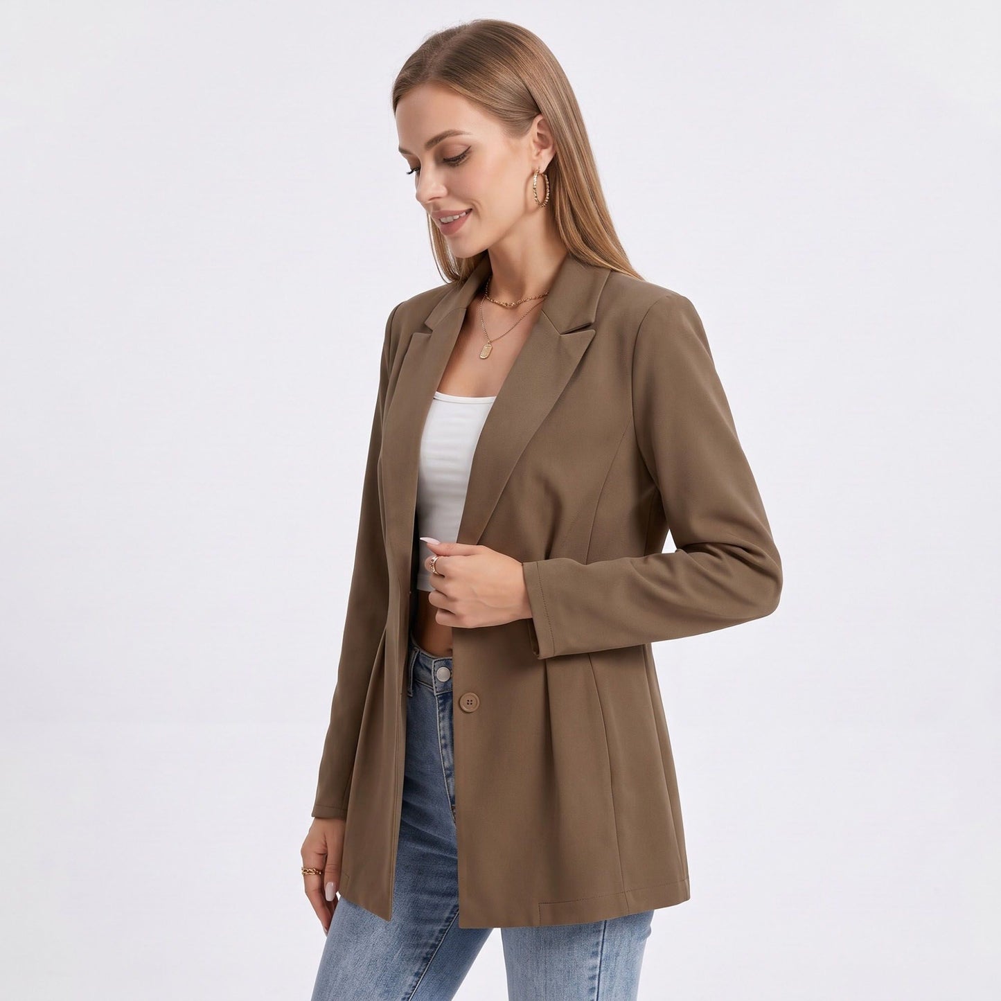 Longline Single Button Blazer with Notched Lapels