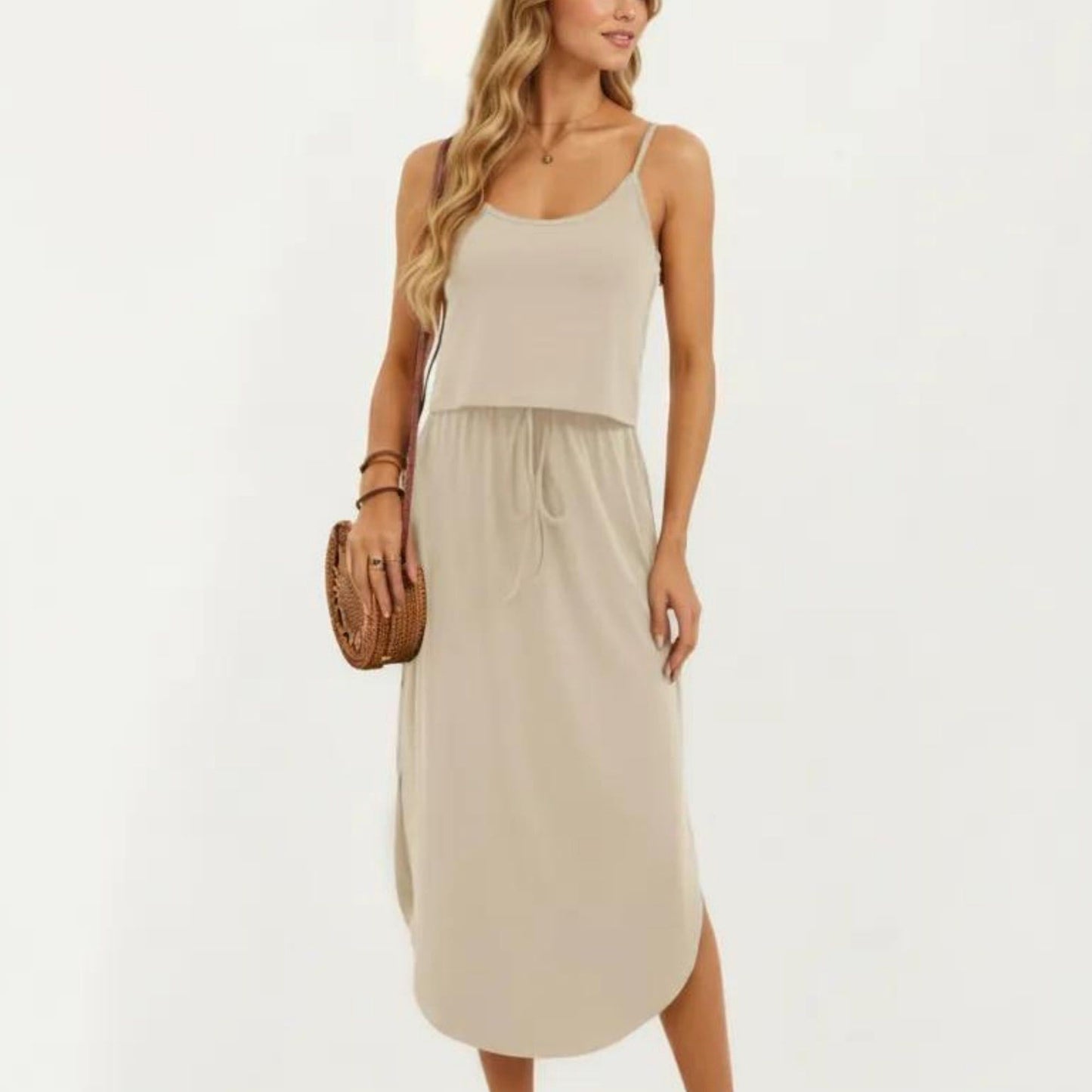 Sleeveless Midi Dress with Spaghetti Straps and Adjustable Drawstring Waist Relaxed Fit Silhouette
