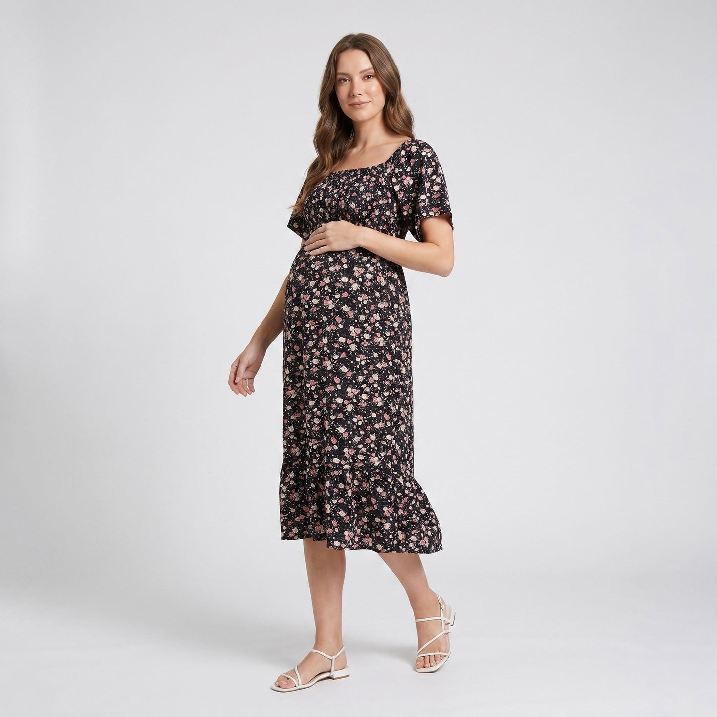 Maternity Floral Square Neck Midi Dress with Short Sleeves and Ruffle Hem