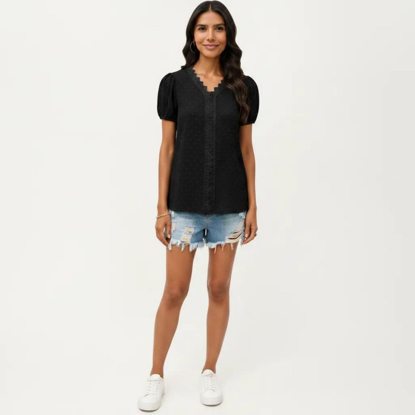 Short Sleeve Swiss Dot Top with Lace Trim V-Neck and Puff Sleeves