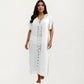 Maxi Swim Cover Up Dress with Crochet Trim V Neck Short Sleeves Relaxed Lightweight Fit