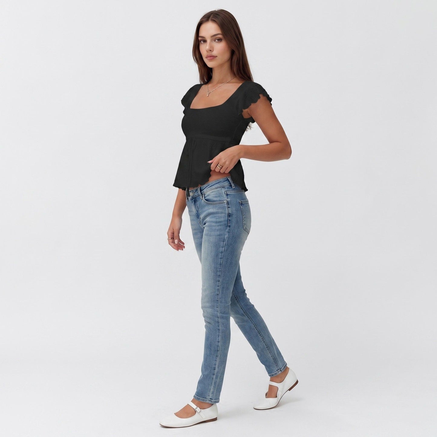 Square Neck Peplum Top with Ruffle Sleeves and Front Tie Detail