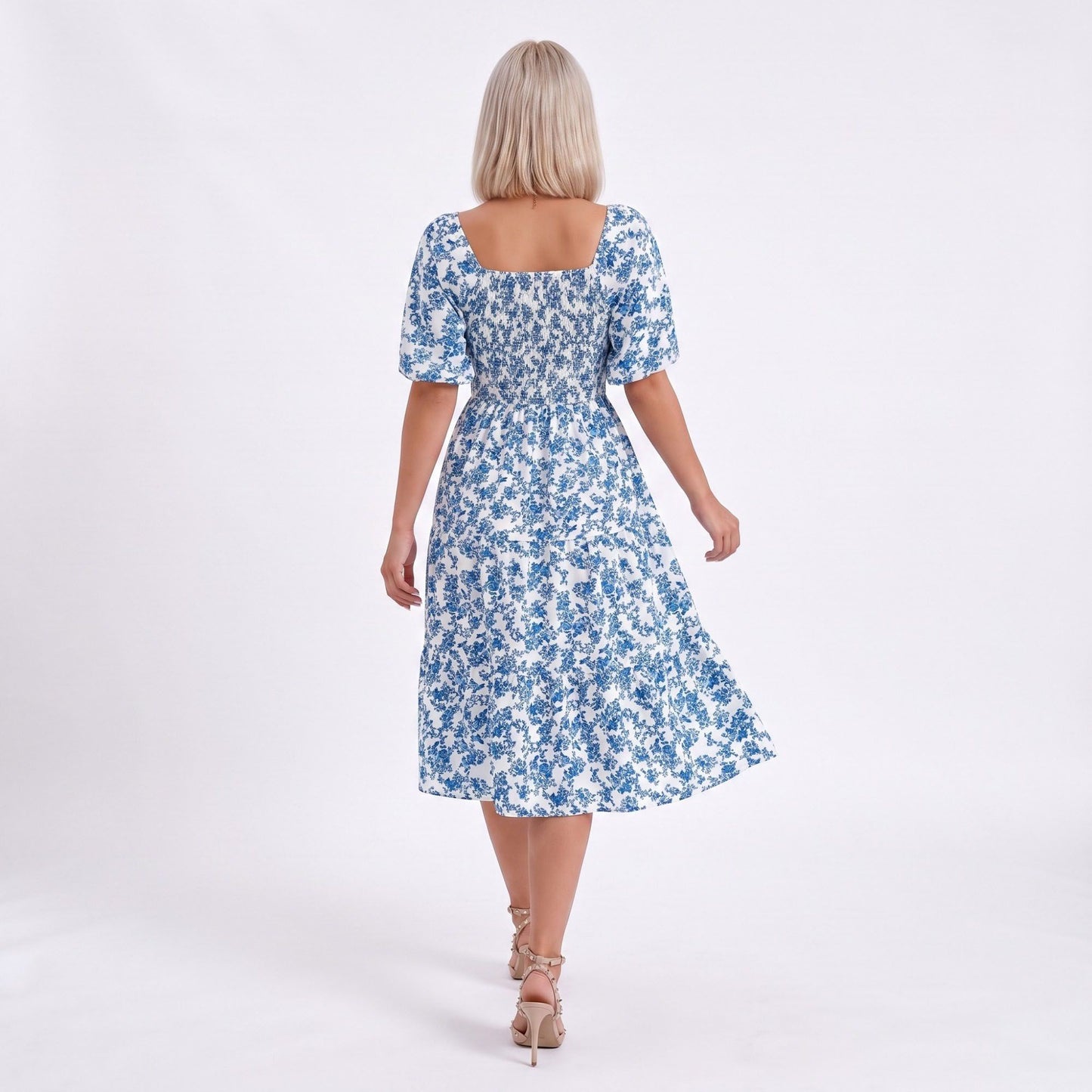 Floral Square Neck Smocked Bodice Tiered Midi Dress