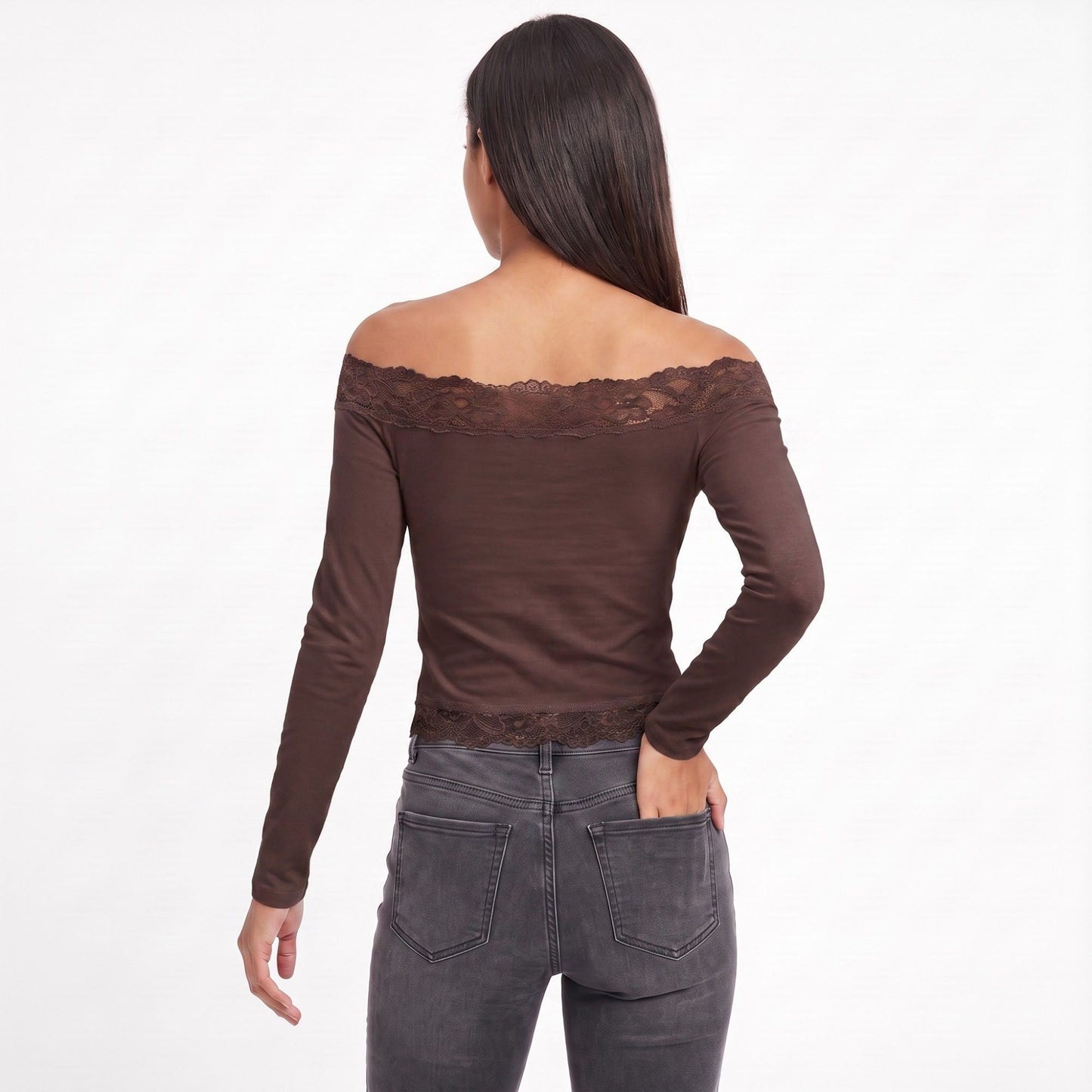 Off-the-Shoulder Lace Trim Long Sleeve Crop Top