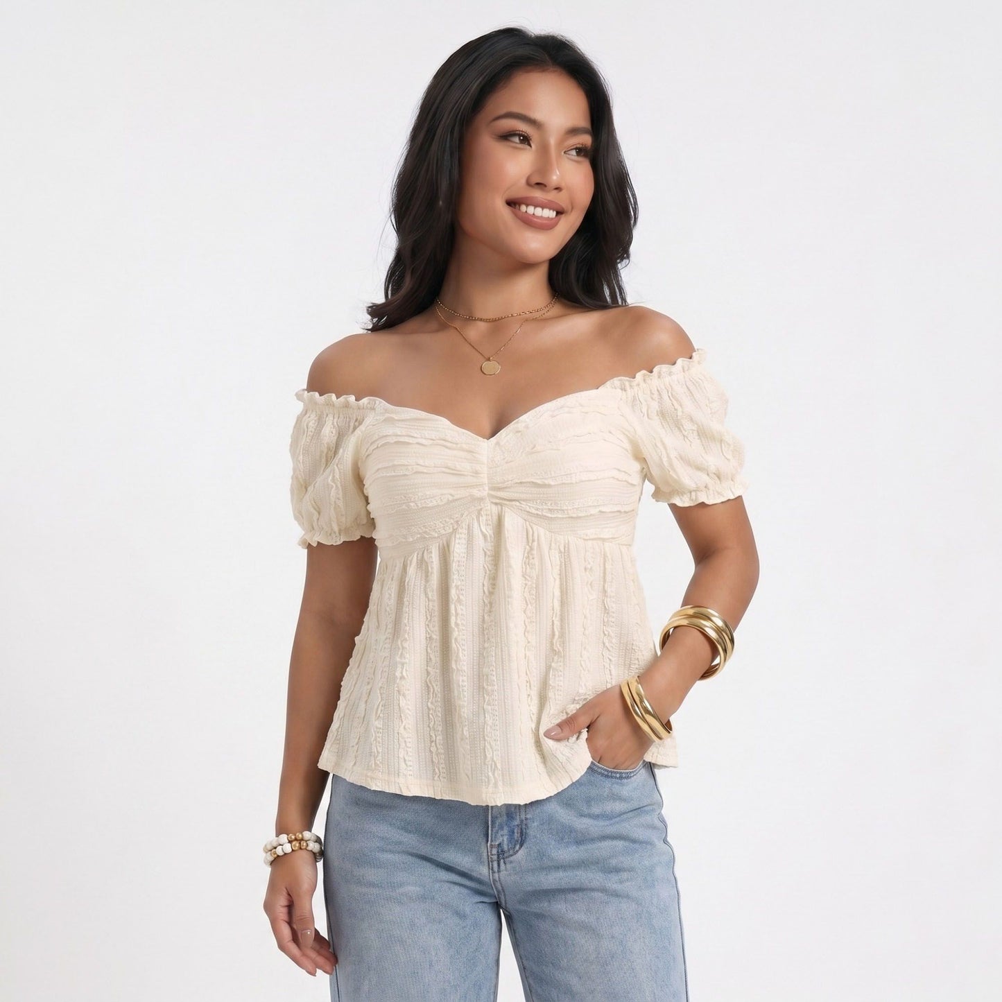 Textured Puff Sleeve Peplum Blouse