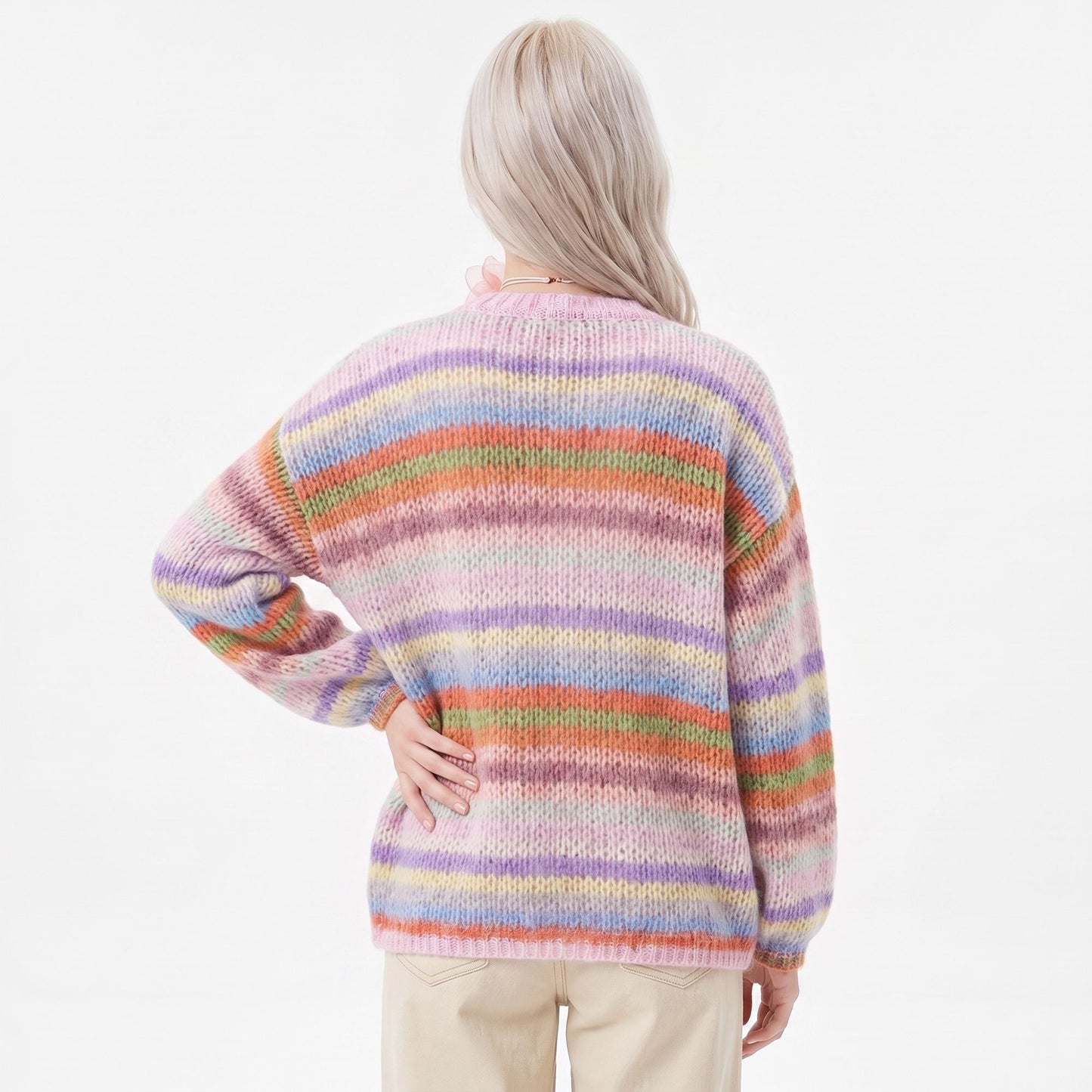 Multicolor Striped Open Front Knit Cardigan Sweater