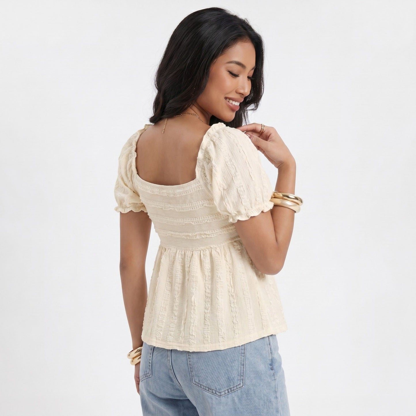 Textured Puff Sleeve Peplum Blouse