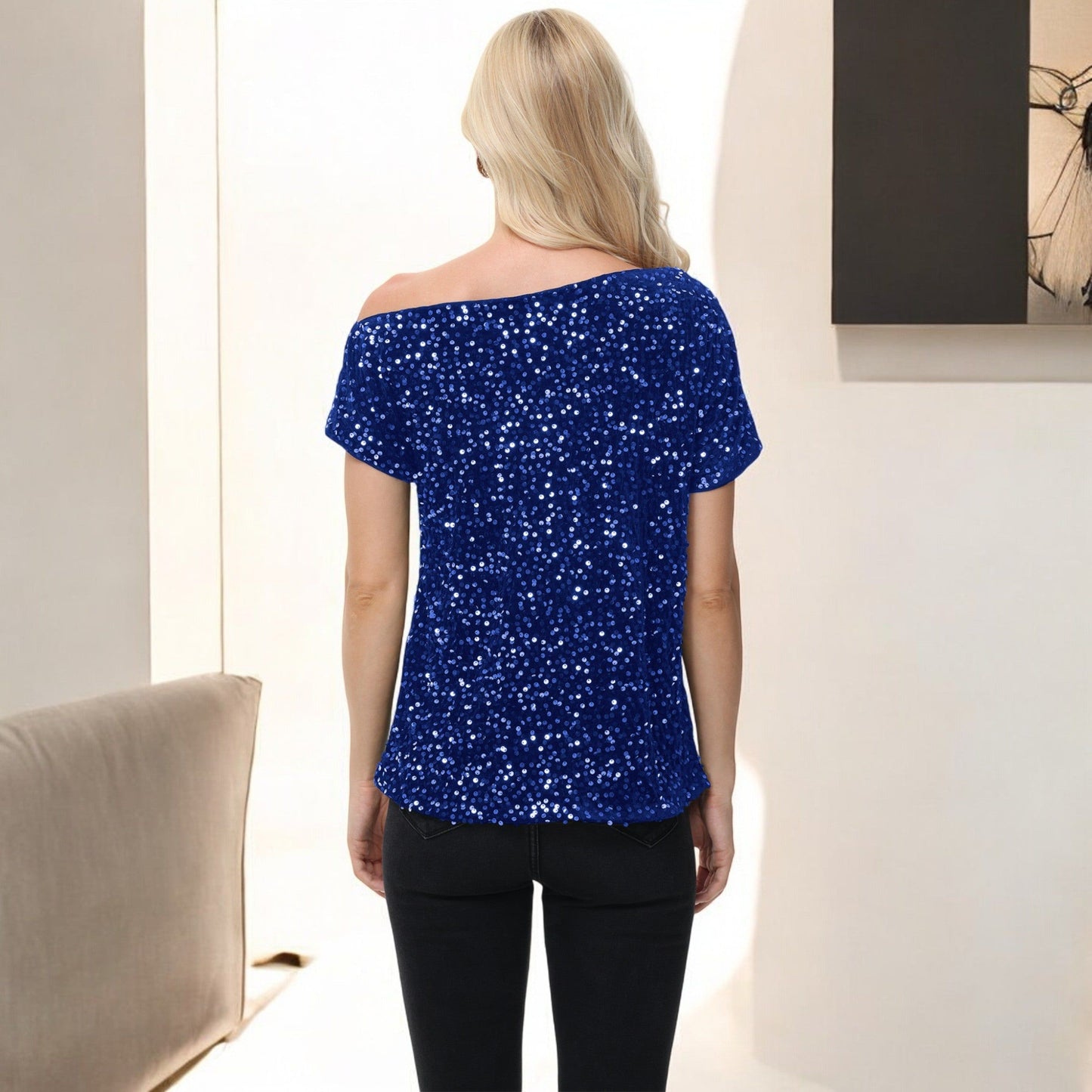 Off-Shoulder Sequin Short Sleeve Top with Relaxed Fit