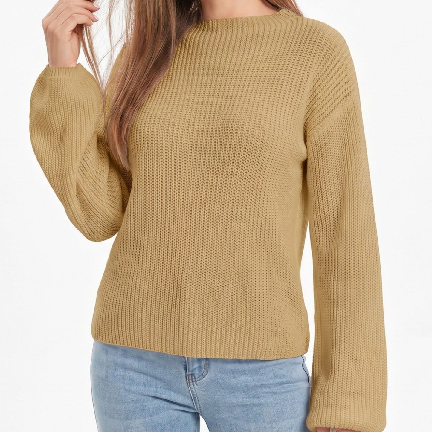 V Neck Textured Knit Pullover Sweater with Long Sleeves