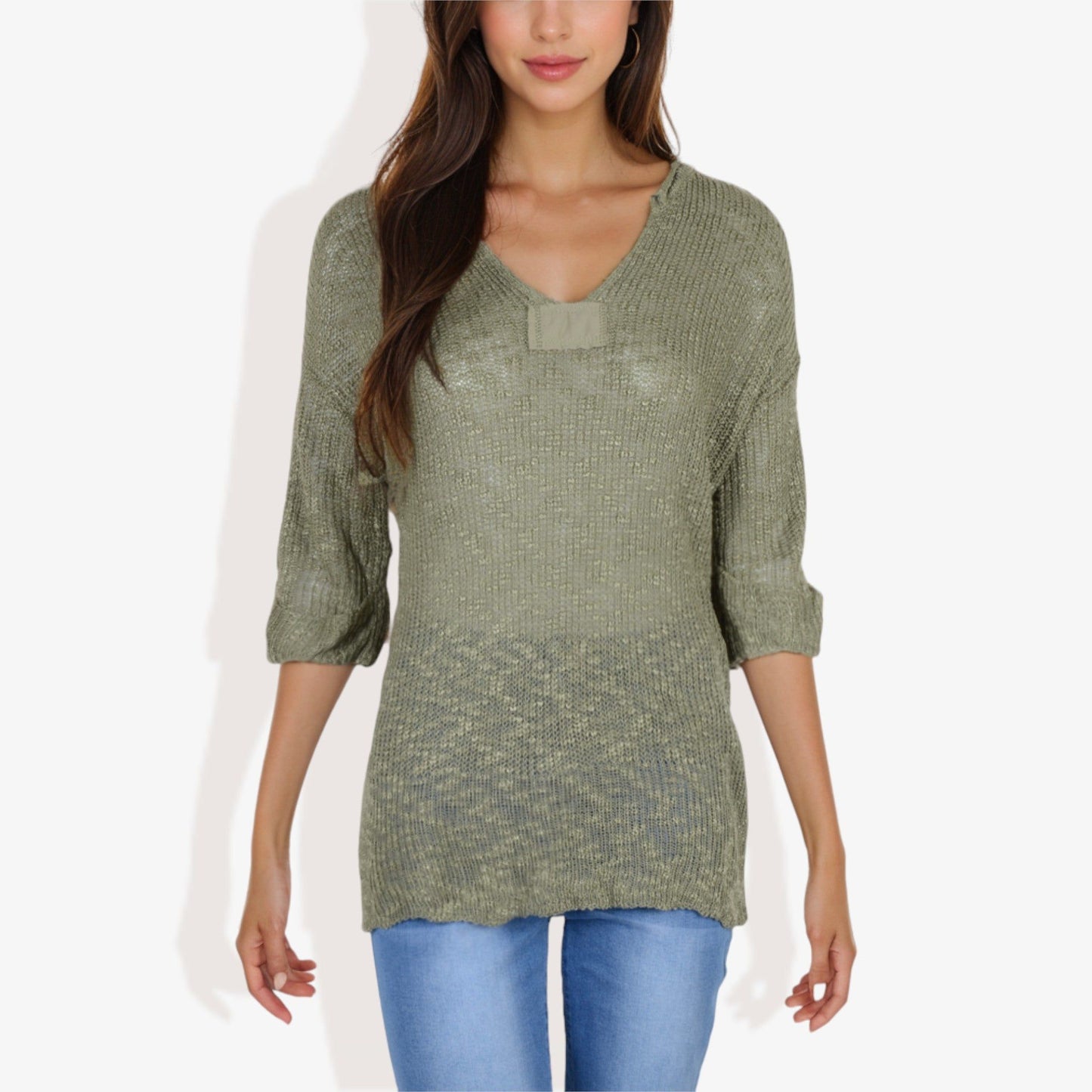 Lightweight Long Sleeve Knit Top Notch Neck Rolled Cuffs