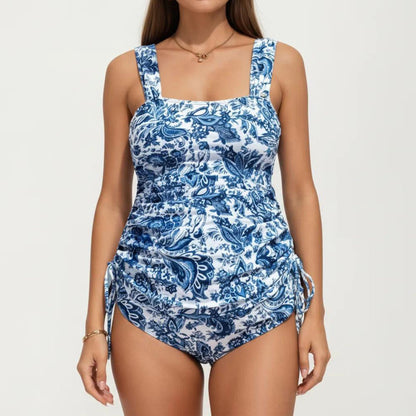 Floral Print Maternity Tankini Set with Adjustable Side Ties and Ruched Design