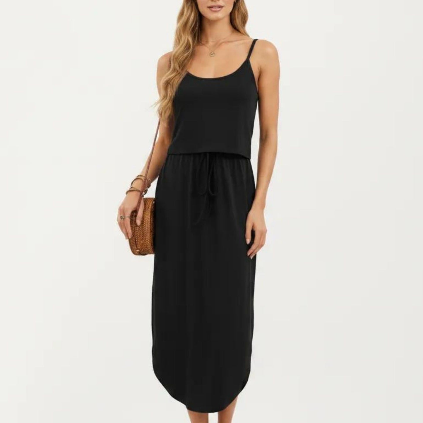Sleeveless Midi Dress with Spaghetti Straps and Adjustable Drawstring Waist Relaxed Fit Silhouette