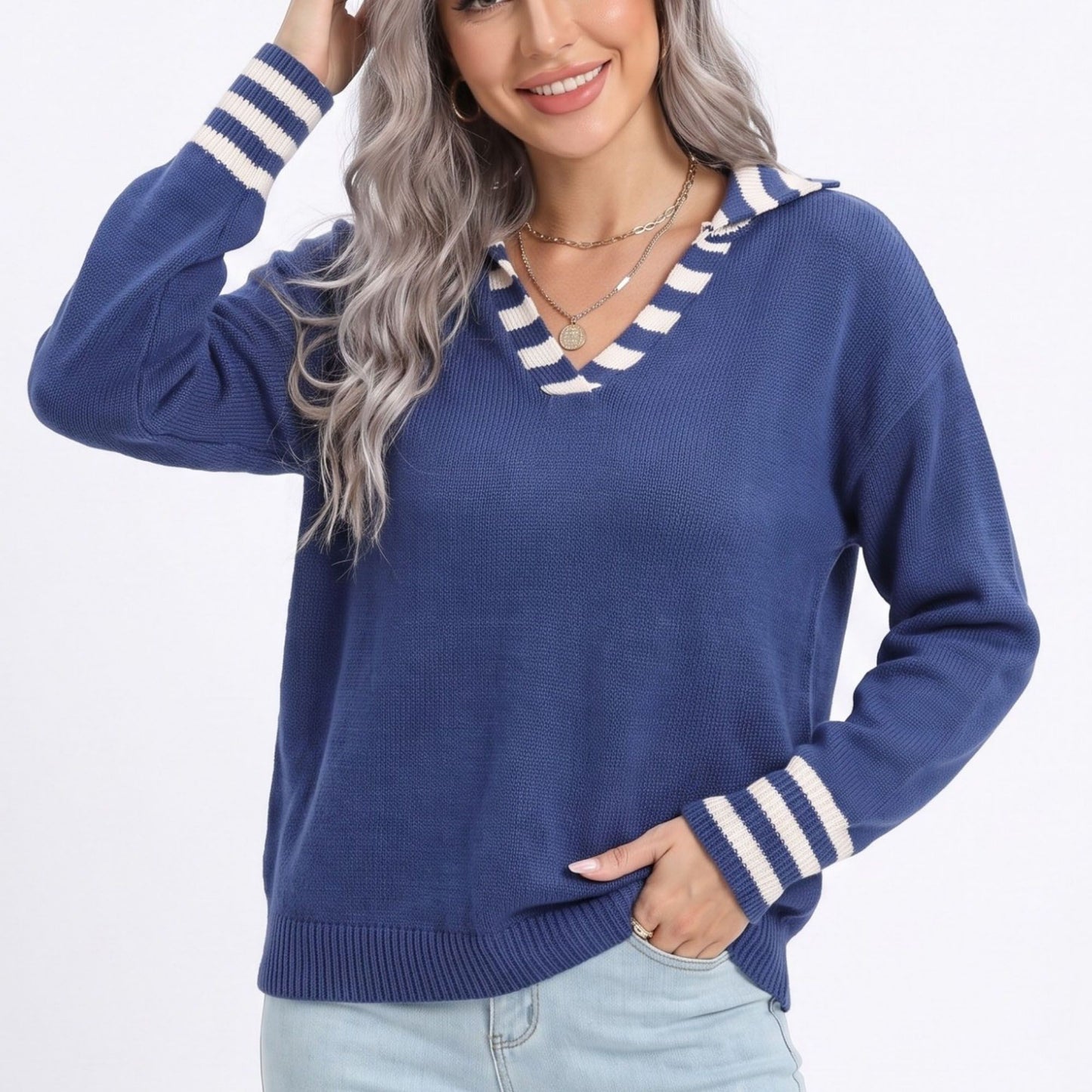 Long Sleeve Collared V Neck Knit Pullover Sweater