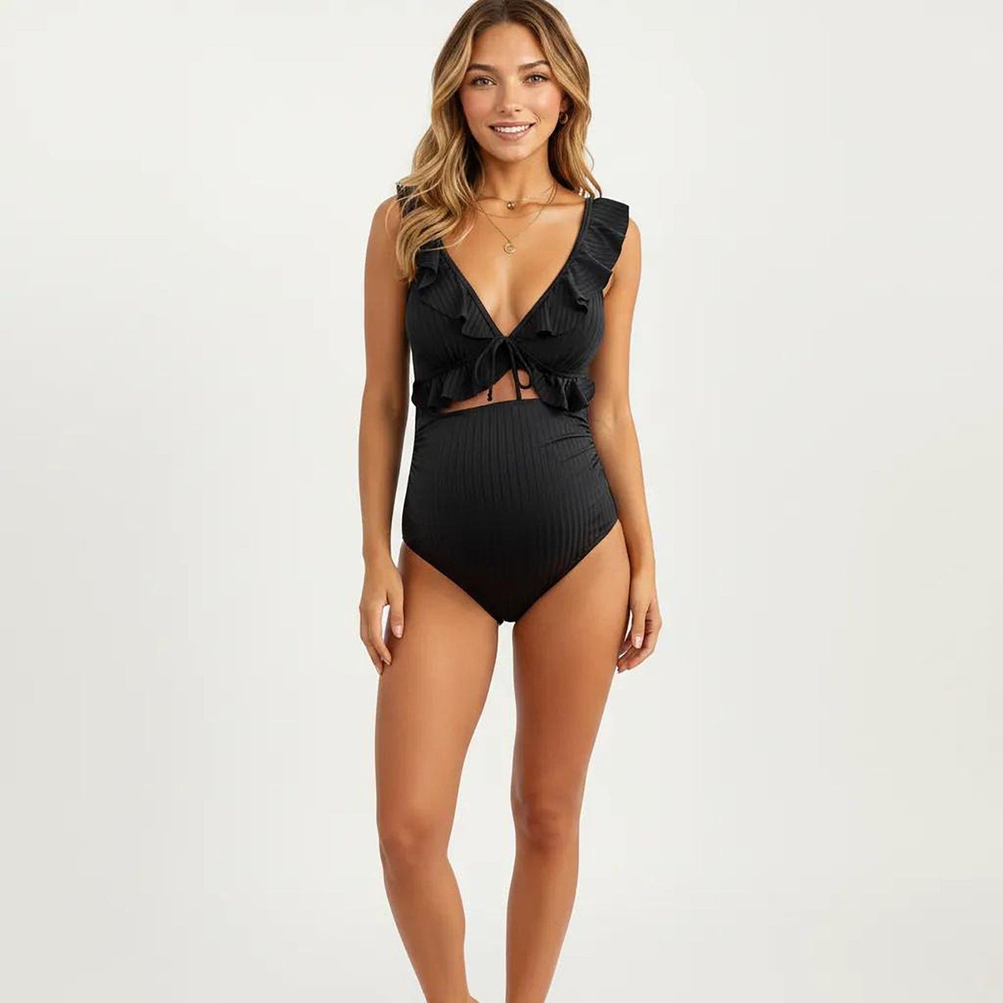 Maternity One-Piece Swimsuit with Ruffled Sleeves and Tie Front Detail