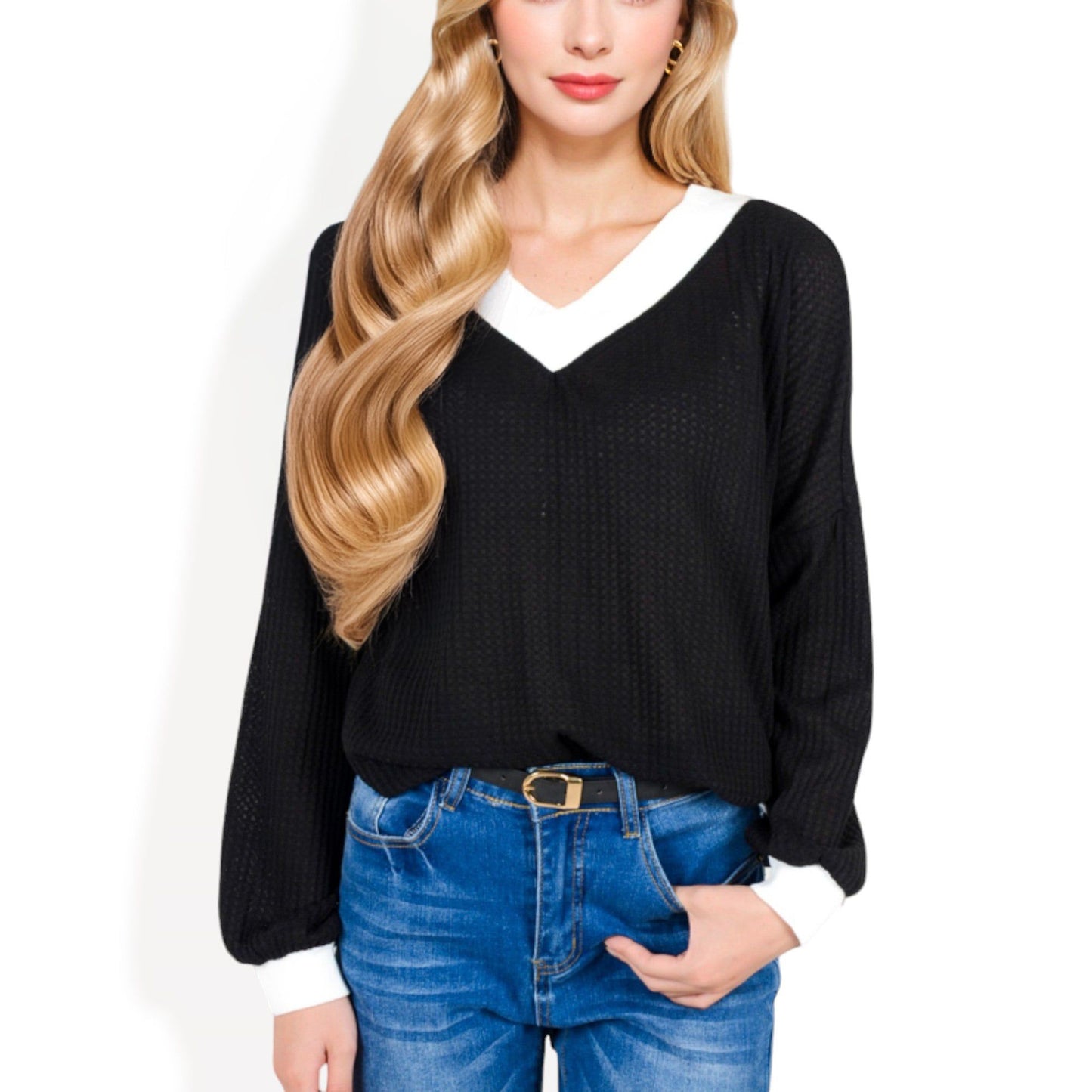 V-Neck Waffle Knit Long Sleeve Top Contrast Trim Relaxed Fit