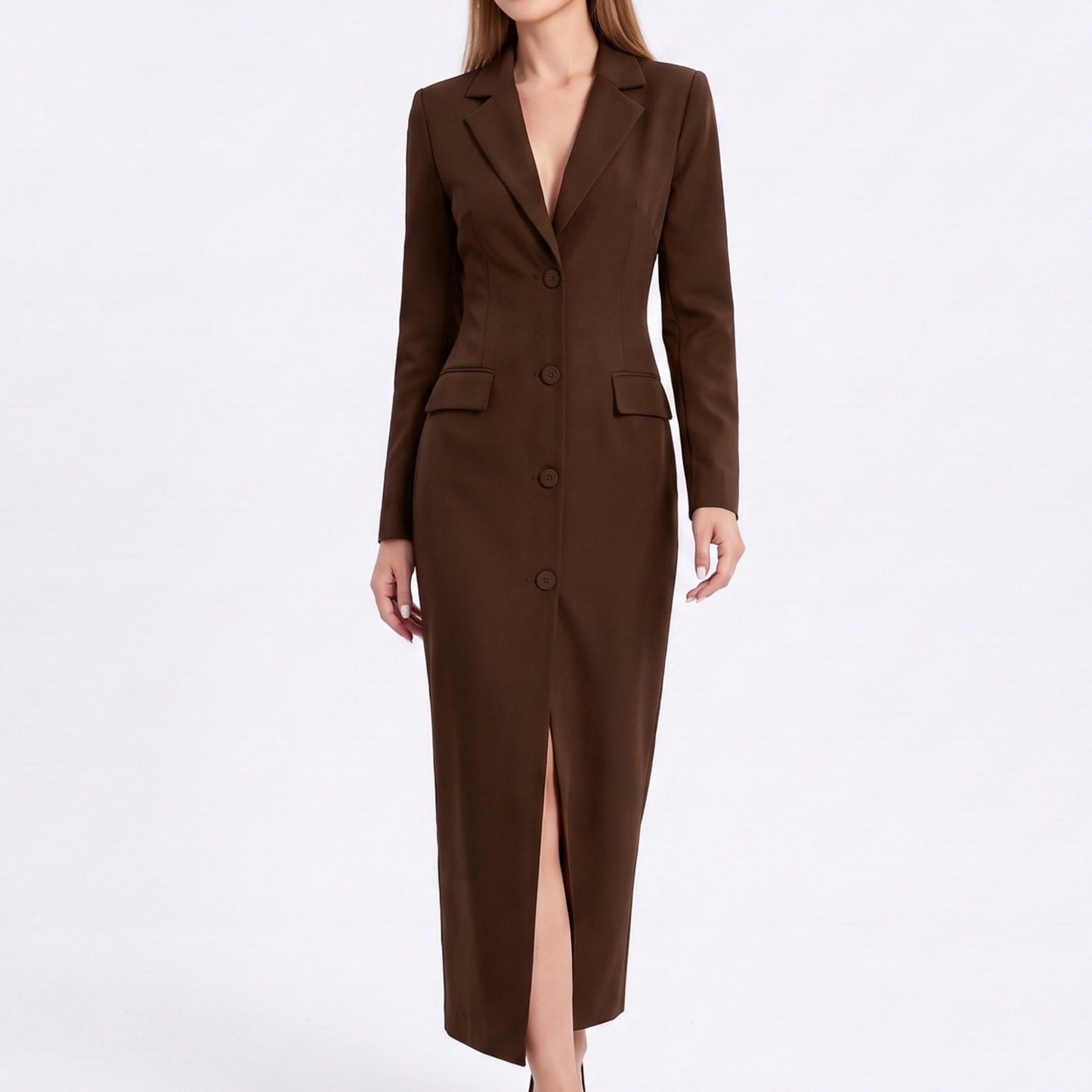 Long Sleeve Blazer Maxi Dress with Notched Lapels and Front Slit