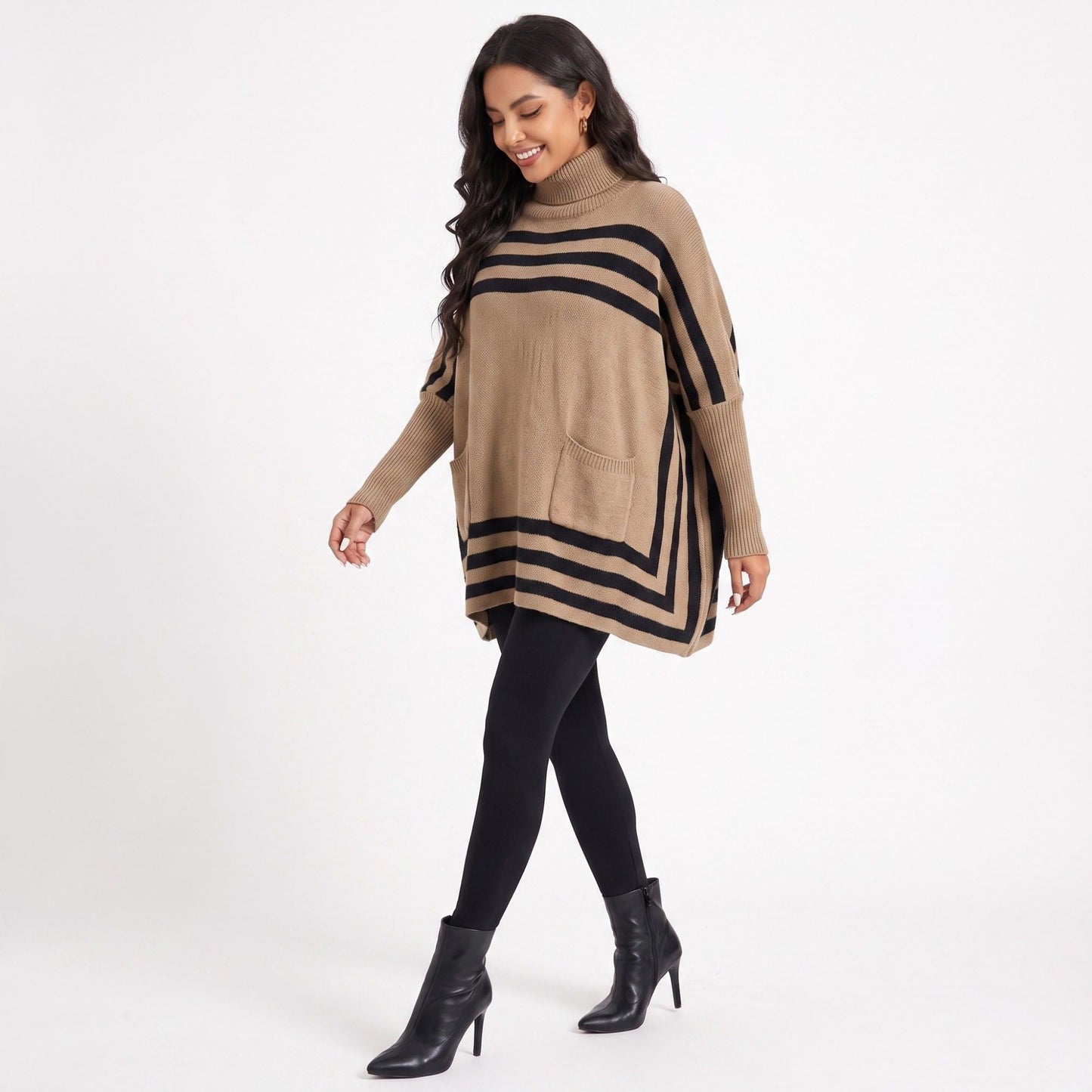 Striped Turtleneck Poncho Sweater with Pockets