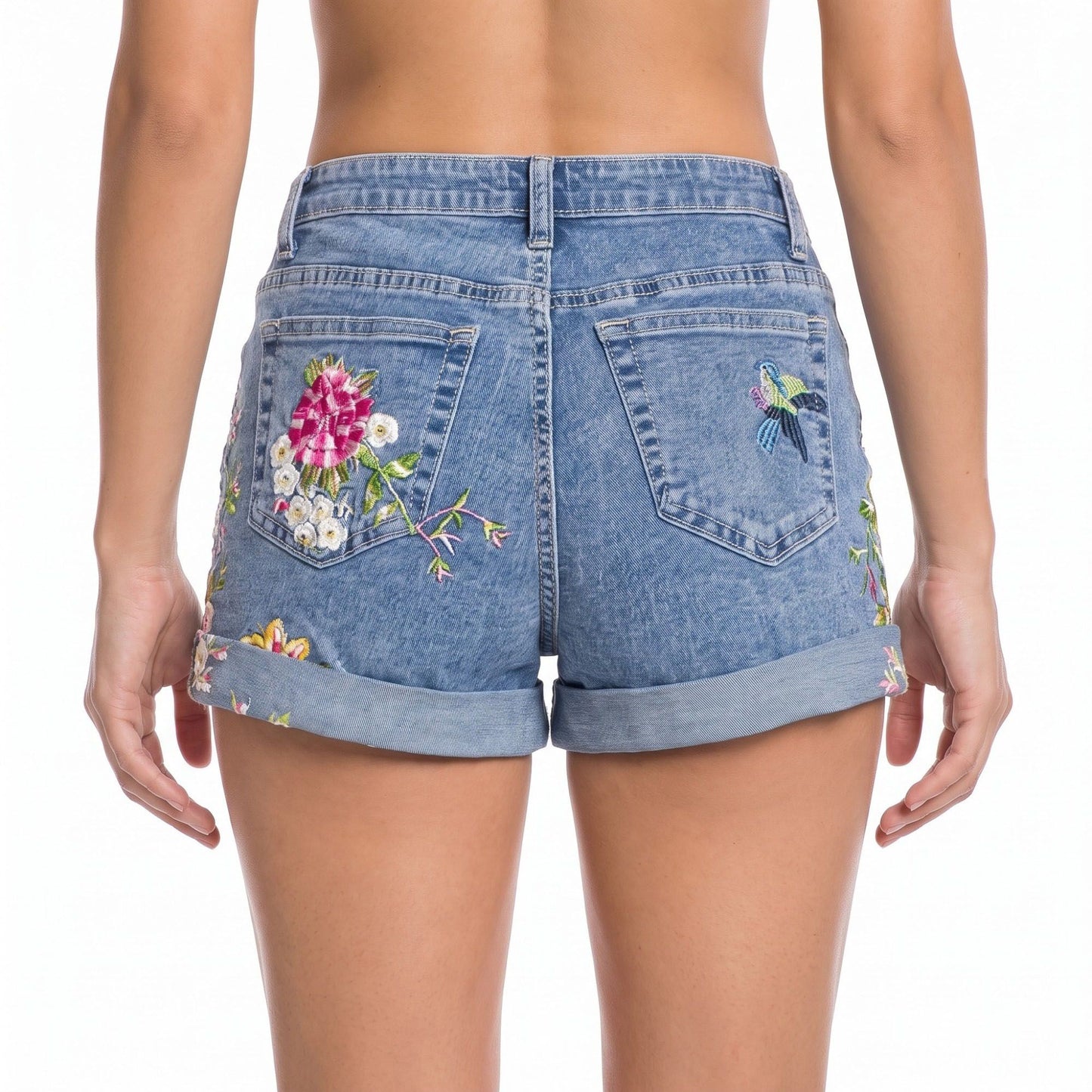 Floral Embroidered High Rise Denim Shorts Rolled Cuff Casual Jean Shorts