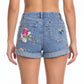 Floral Embroidered High Rise Denim Shorts Rolled Cuff Casual Jean Shorts