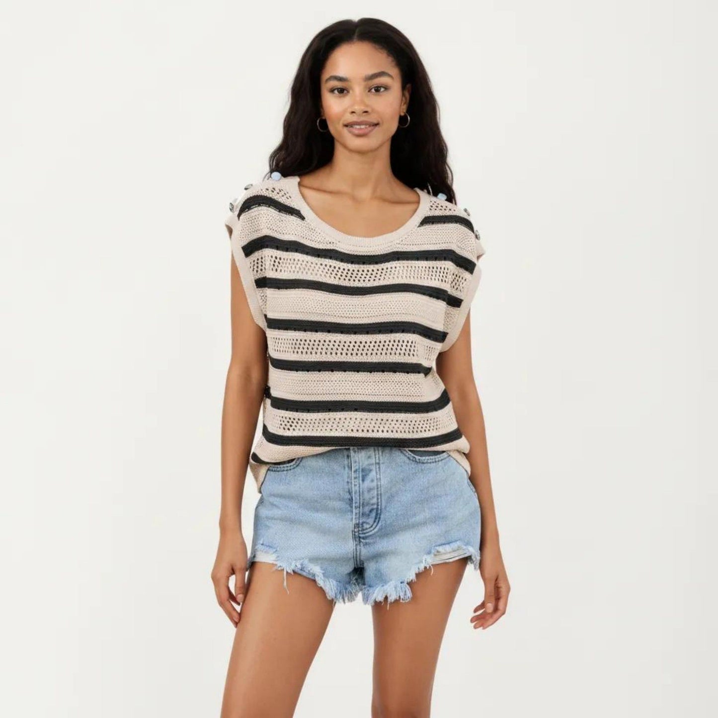 Short Sleeve Striped Open Knit Top with Button Shoulder Detail and Relaxed Fit