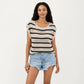 Short Sleeve Striped Open Knit Top with Button Shoulder Detail and Relaxed Fit